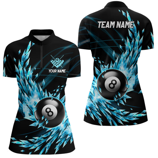 3D Blue Frozen Ice Women Billiard Quarter-Zip Shirts Custom 8 Ball Billiard Attire Jerseys  TDM1119
