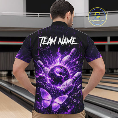 Personalized Purple Butterfly Skull Bowling Shirt For Men Custom Bowling Jersey Polo & 1/4 Zip TDM6383