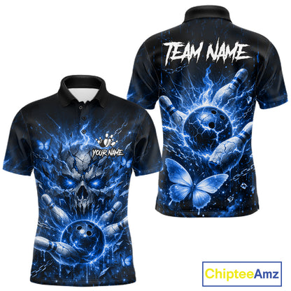 Personalized Blue Butterfly Skull Bowling Shirt For Men Custom Bowling Jersey Polo & 1/4 Zip TDM6384