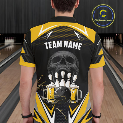 Yellow Black Funny Beer Skull Bowling Shirt For Men Custom Bowling Team Jersey Polo & 1/4 Zip TDM6388