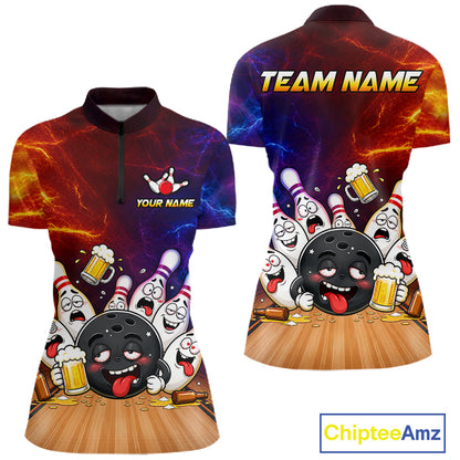 Custom lightning drunk bowling balls and pins bowling team jersey quarter zip shirt for women featuring lightning bowling balls and pins graphics, premium custom bowling apparel.