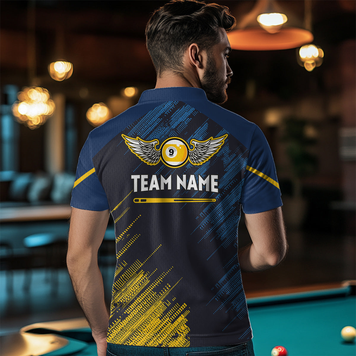 Personalized Blue Yellow 9 Ball Pool Wings Men's Billiard Shirts, 9 Ball Billiard Team Shirt Jersey TDM3776