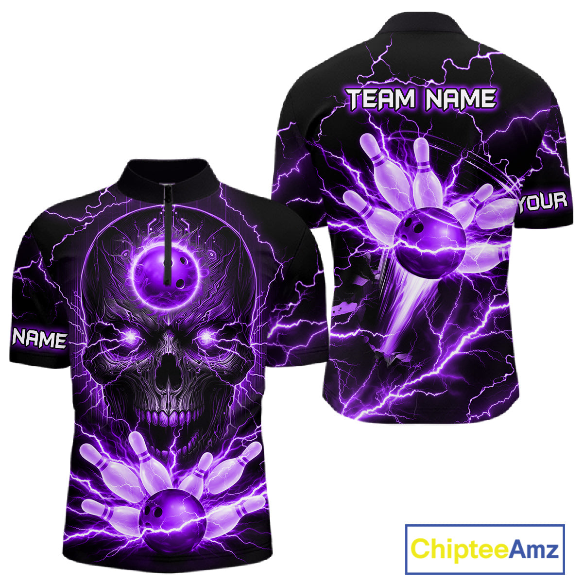 Personalized Lightning Skull Purple Bowling Shirt For Men, Bowling Team Jersey Polo & 1/4 Zip TDM6161