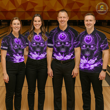 Personalized Lightning Skull Green Bowling Shirt For Women, Bowling Team Jersey Polo & 1/4 Zip TDM6161
