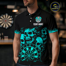 Load image into Gallery viewer, Custom Men's Grim Reaper Dart Shirt – Black Cyan Grunge Dart Jersey Team Polo &amp; Quarter Zip Style TDM4068