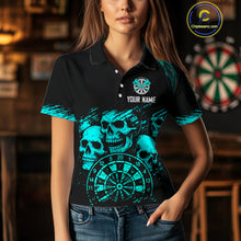 Load image into Gallery viewer, Custom Women's Grim Reaper Dart Shirt – Black Cyan Grunge Dart Jersey Team Polo &amp; Quarter Zip Style TDM4068