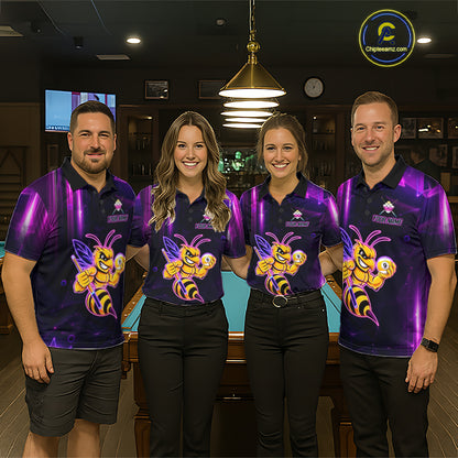 Pool team wearing matching neon funny bee 9 ball custom billiard jerseys during tournament competition front view.