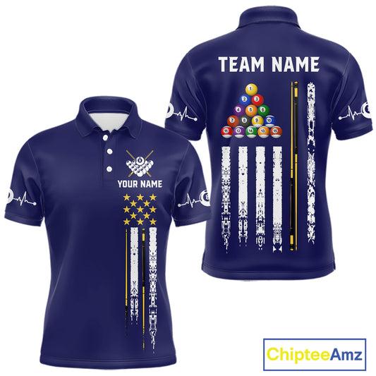 Navy blue polo shirt with personalized text, featuring pool ball design and American flag.