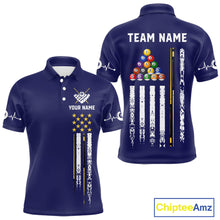 Load image into Gallery viewer, Navy blue polo shirt with personalized text, featuring pool ball design and American flag.