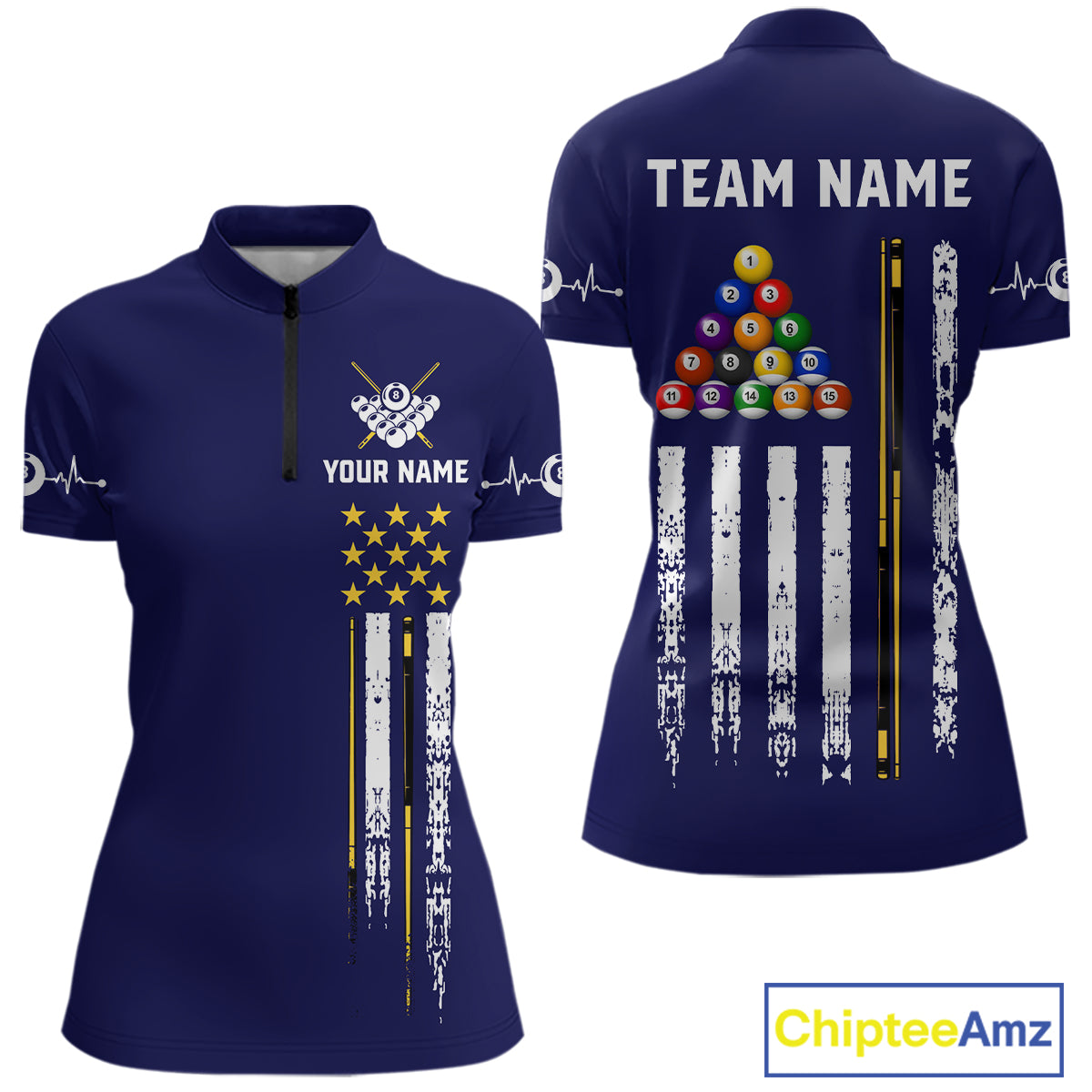 Customized Navy Blue American Flag Billiard Shirt For Women, 8 Ball Pool Team Jersey Polo & 1/4 Zip TDM6586