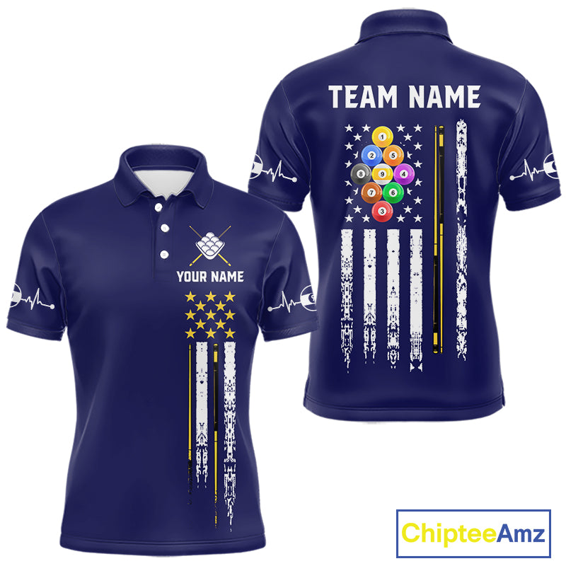 Navy Blue American Flag 9 Ball Billiard Polo Shirt with Customizable Name and Team Name