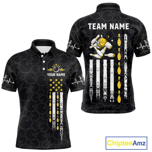 Black polo shirt with customizable text and American graphics.
