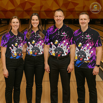 Custom Blue Purple Drunk Bowling Balls And Pins Funny Bowling Shirts For Men, Beer Bowling Jersey TDM6596