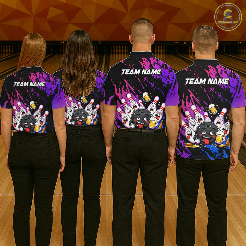 Custom Blue Purple Drunk Bowling Balls And Pins Funny Bowling Shirts For Men, Beer Bowling Jersey TDM6596