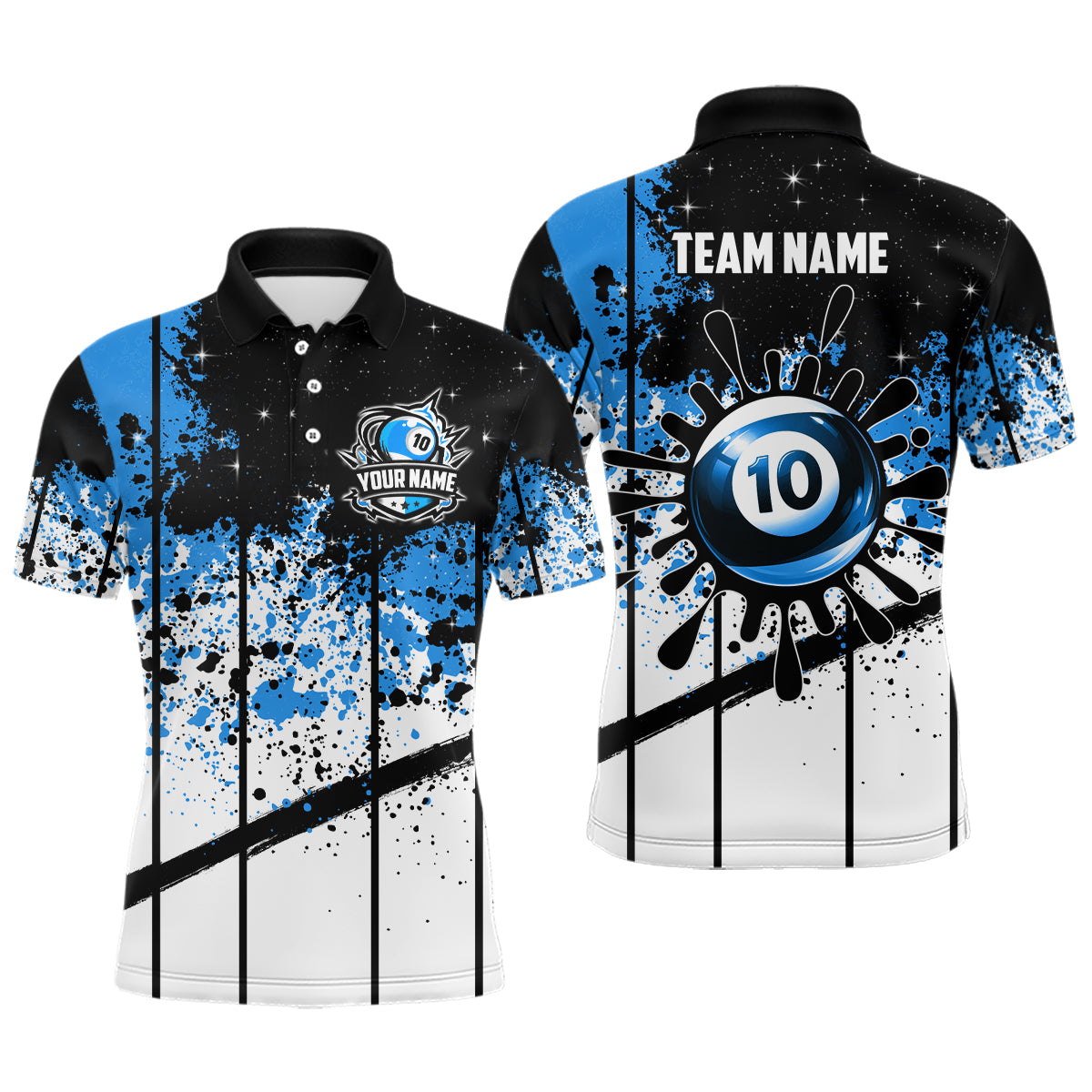 Personalized Billiard 10 Ball Grunge Style Men Polo Shirts, 10 Ball Pool Billiard Attire Jerseys TDM1137