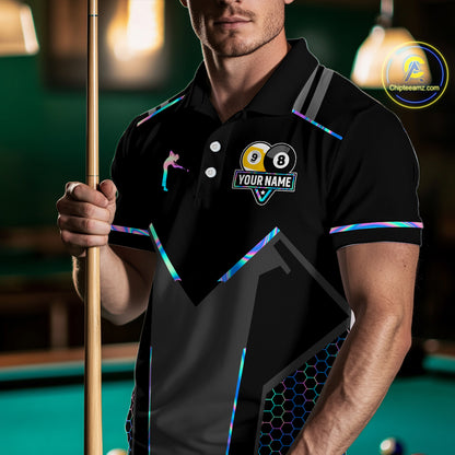 Personalized Holographic Billiard 8 Ball & 9 Ball Pool Polo, 1/4 Zip For Men, Billiard Team Jersey TDM4253
