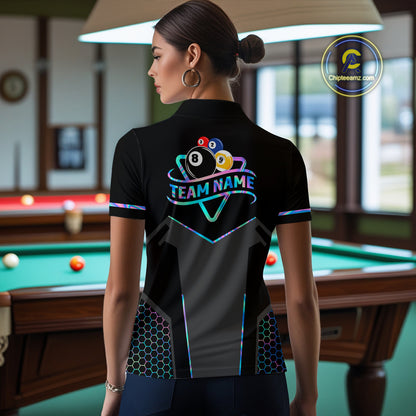 Personalized Holographic Billiard 8 Ball & 9 Ball Pool Polo, 1/4 Zip For Women, Billiard Team Jersey TDM4253