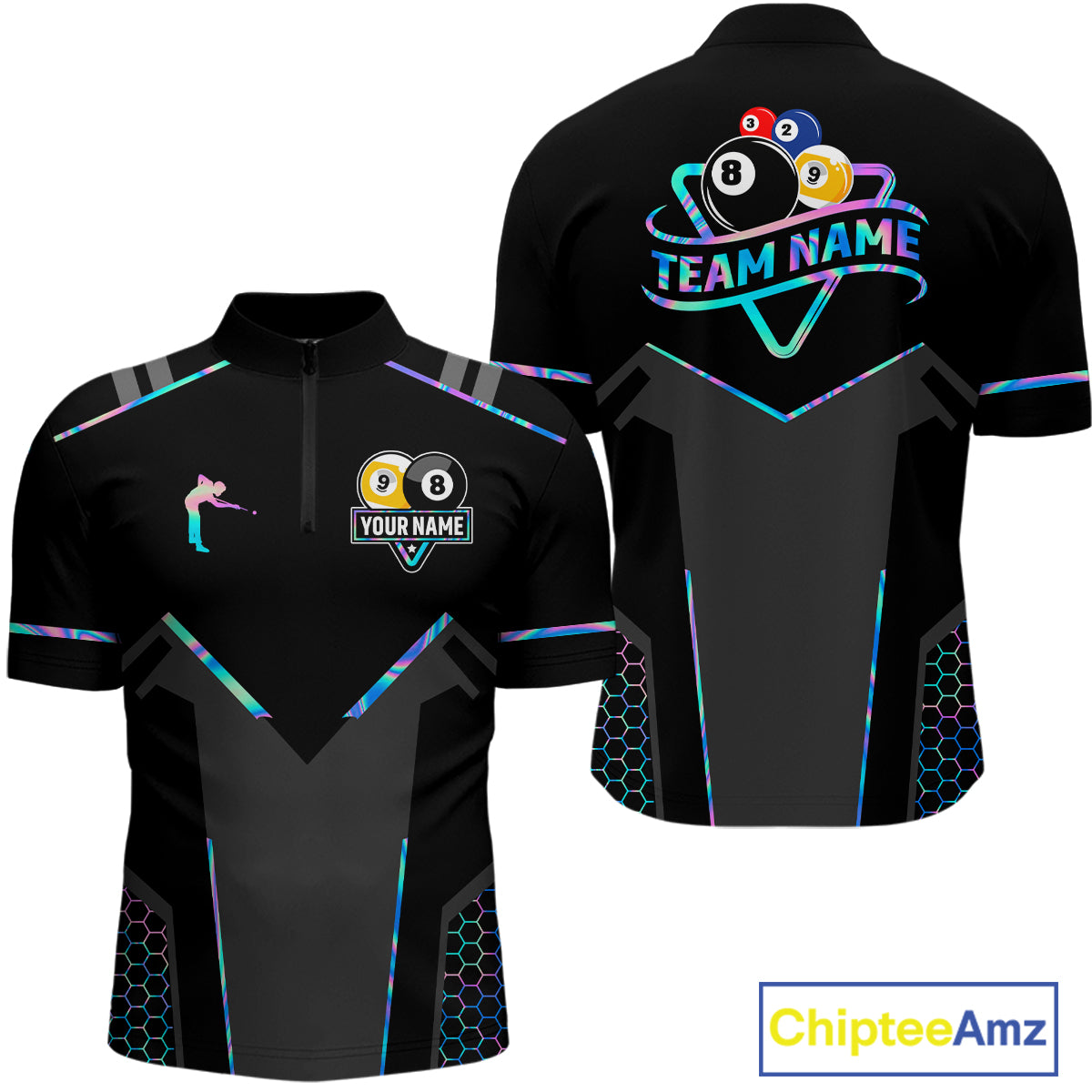 Personalized Holographic Billiard 8 Ball & 9 Ball Pool Polo, 1/4 Zip For Men, Billiard Team Jersey TDM4253