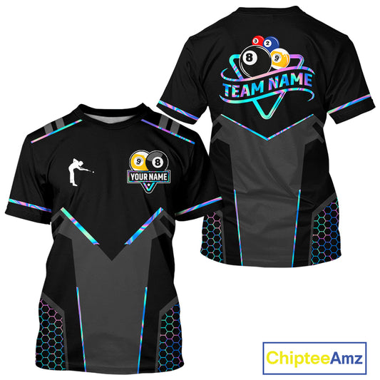 Personalized Holographic 8 Ball & 9 Ball Pool Billiard T-Shirt For Men, Billiard League Team Jersey TDM4253