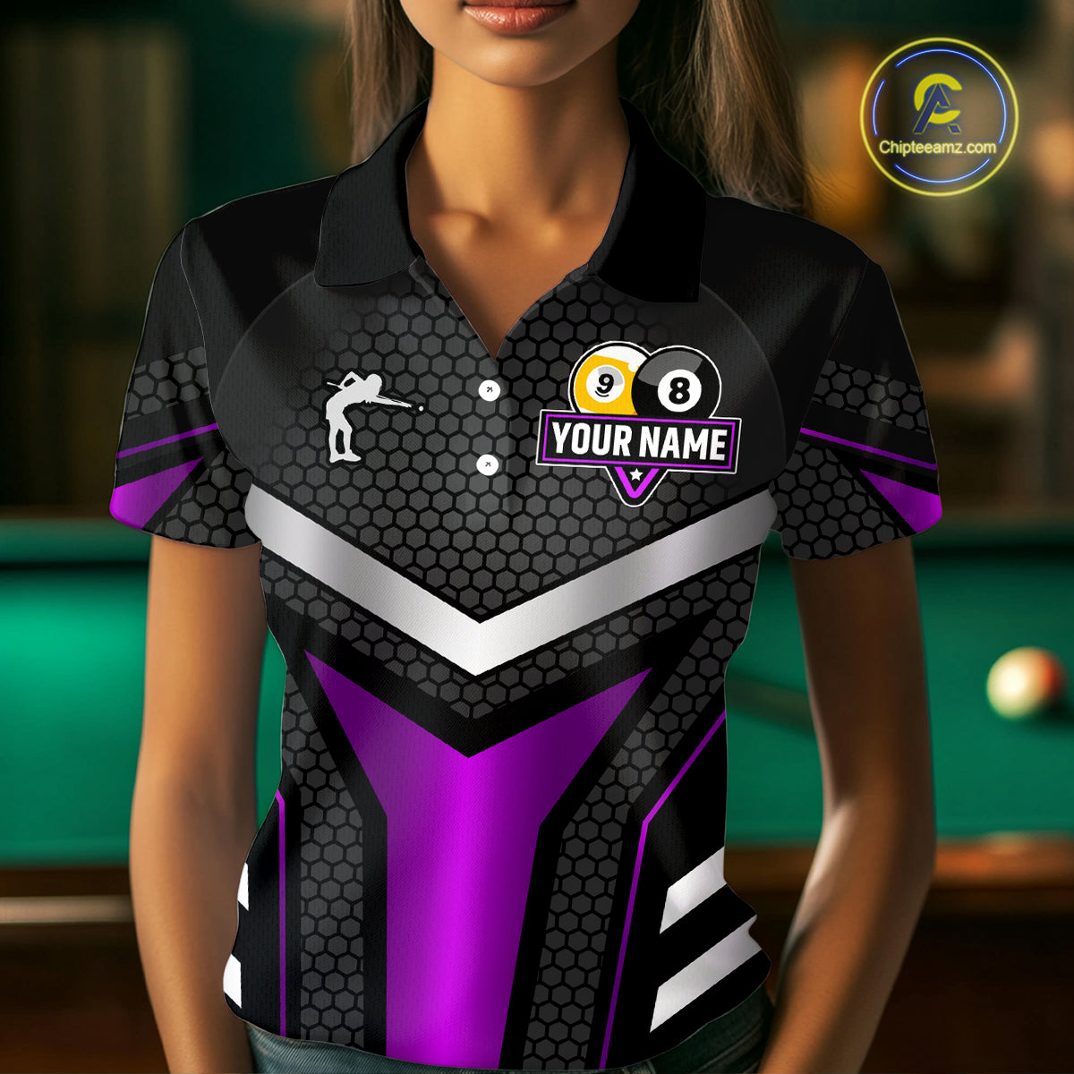 Personalized Billiard 8 Ball & 9 Ball Pool Polo, 1/4 Zip For Women Custom Team Billiard Jersey|Purple TDM4254