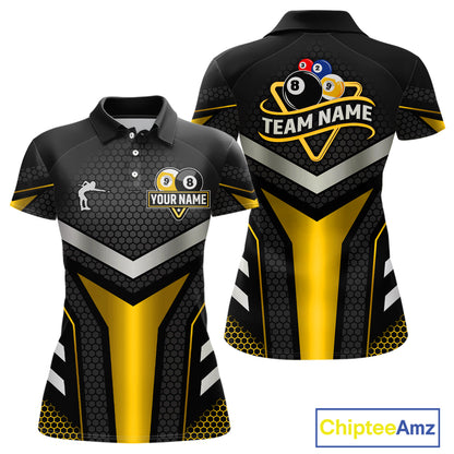 Personalized Billiard 8 Ball & 9 Ball Pool Polo, 1/4 Zip For Women Custom Team Billiard Jersey|Yellow TDM4255