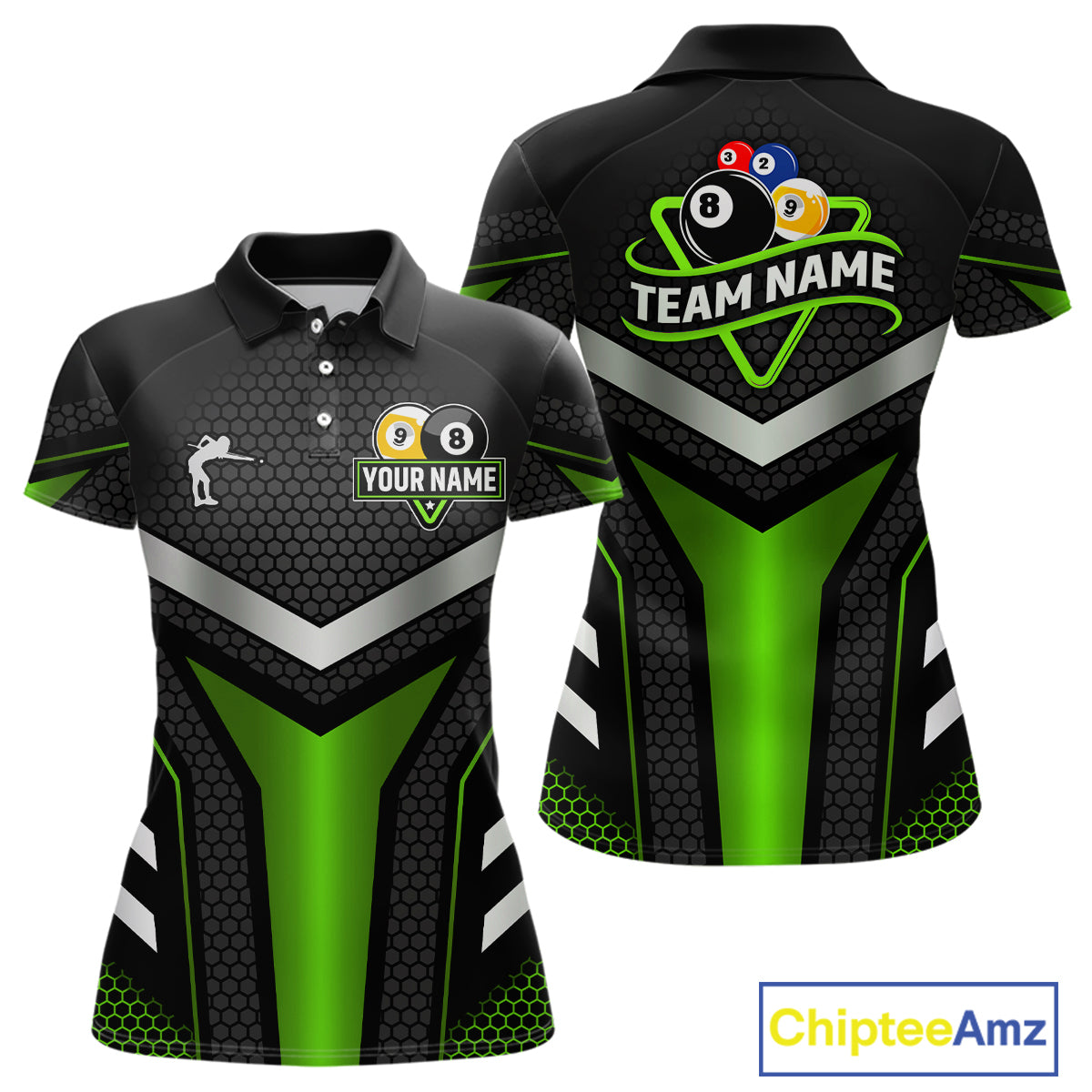 Personalized Billiard 8 Ball & 9 Ball Pool Polo, 1/4 Zip For Women Custom Team Billiard Jersey|Green TDM4256