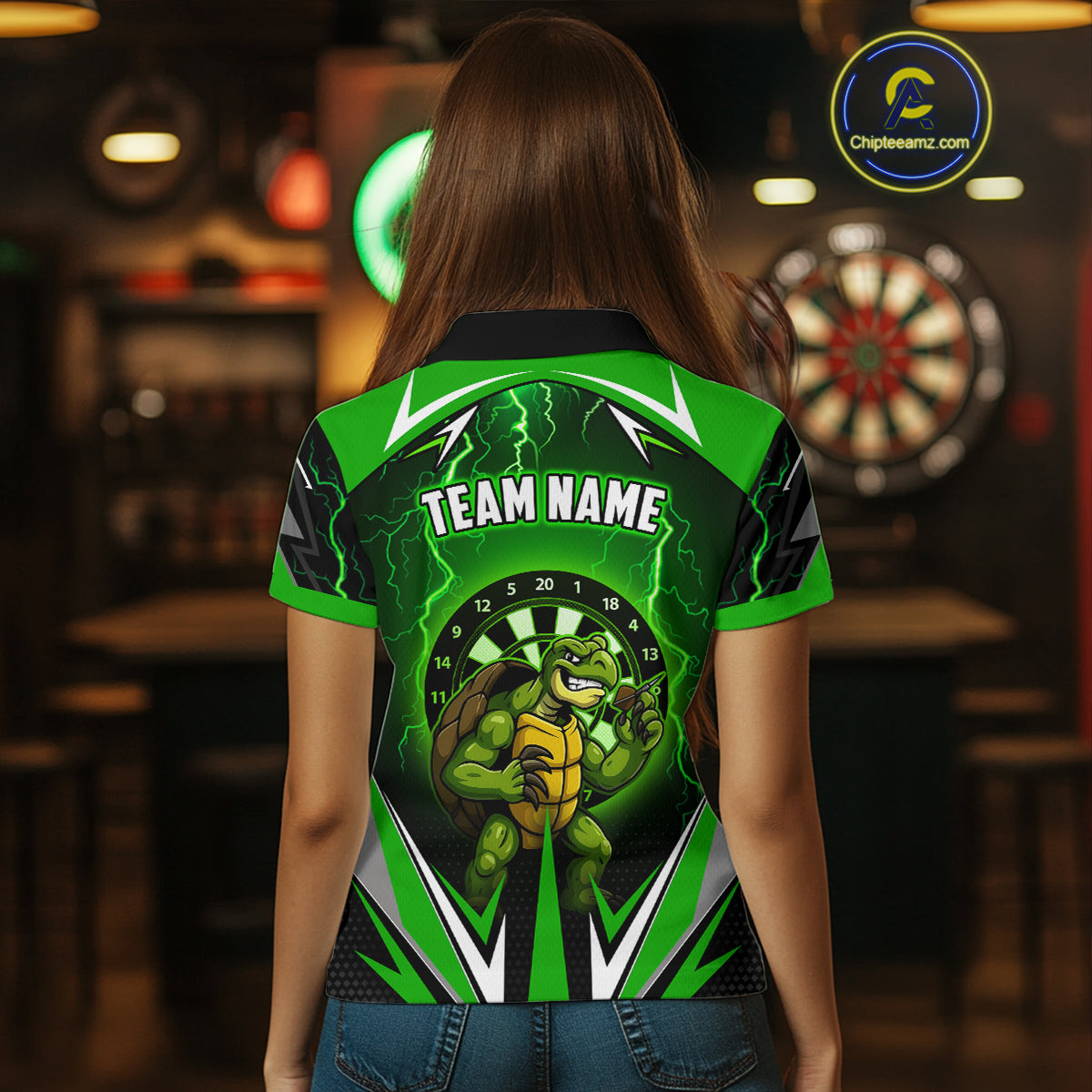 Personalized Funny Turtle Darts Shirt For Women Custom Thunder Lightning Green Darts Team Jerseys TDM4664