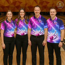 Load image into Gallery viewer, Custom Thunder Lightning Blue And Pink Bowling Shirt For Men, Bowling Team Jersey Polo &amp; 1/4 Zip TDM6190