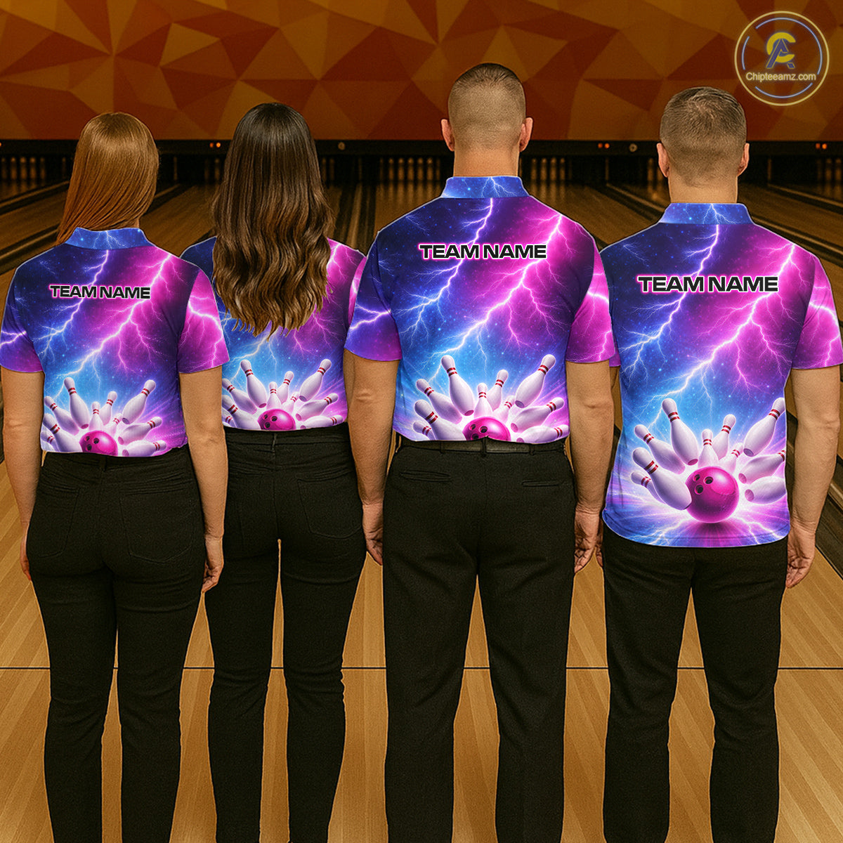 Custom Thunder Lightning Blue And Pink Bowling Shirt For Women, Bowling Team Jersey Polo & 1/4 Zip TDM6190