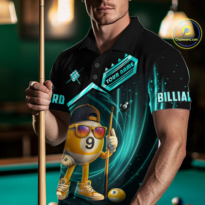 Turquoise Funny 9 Ball Pool Billiard Shirt For Men Custom Billiard Team Jersey Polo & 1/4 Zip TDM6615