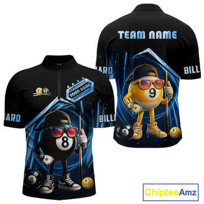 Black and blue billiard quarter zip shirt with funny 8 ball and 9 ball design, customizable your name & team name pool jersey for men