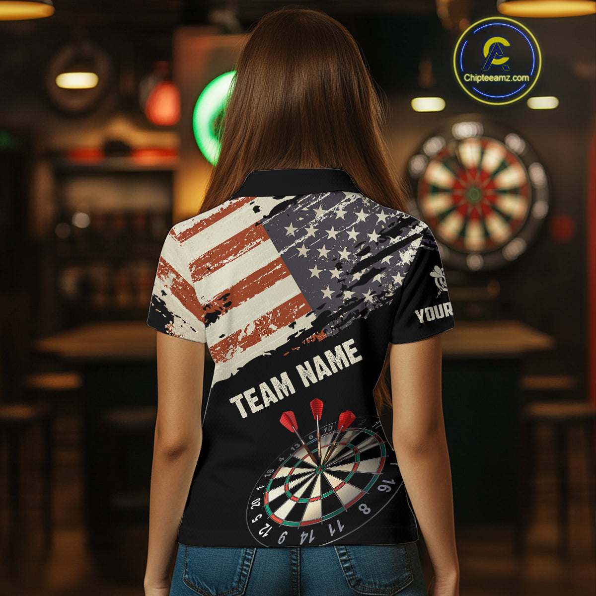 Grunge Vintage American Flag Custom Retro Dart Shirts For Women, Pride Team Patriotic Dart Jerseys TDM4266