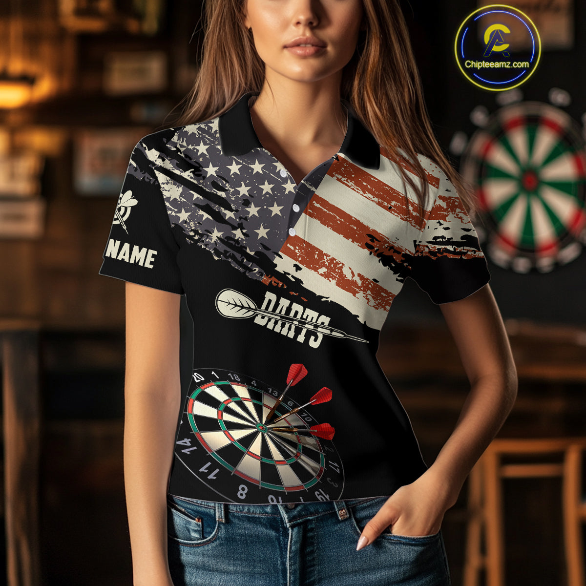 Grunge Vintage American Flag Custom Retro Dart Shirts For Women, Pride Team Patriotic Dart Jerseys TDM4266