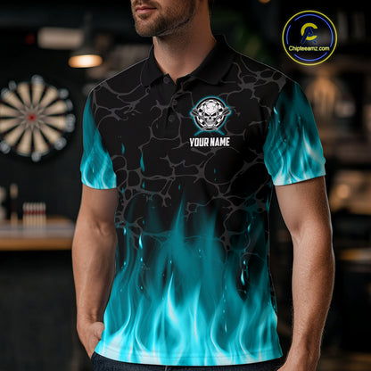 Fire Flame Skull Darts Polo & Quarter Zip Custom Darts Shirts For Men, Darts Team Jersey|Turquoise TDM5320