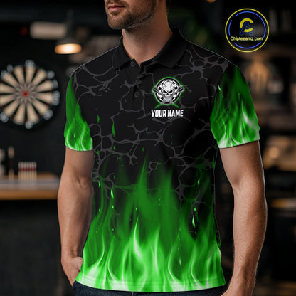 Fire Flame Skull Darts Polo & Quarter Zip Custom Darts Shirts For Men, Darts Team Jersey|Green TDM5321
