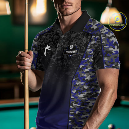 Navy Blue Camo 8 Ball Billiard Shirt For Men Custom Pool Team Shirt, Billiard Jersey Polo & 1/4 Zip TDM5580