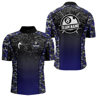 Navy Blue Camo 8 Ball Billiard Shirt For Men Custom Pool Team Shirt, Billiard Jersey Polo & 1/4 Zip TDM5580
