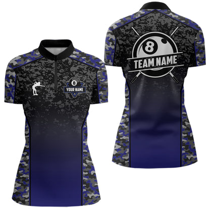 Navy Blue Camo 8 Ball Billiard Shirt For Women Custom Pool Team Shirt, Billiard Jersey Polo & 1/4 Zip TDM5580