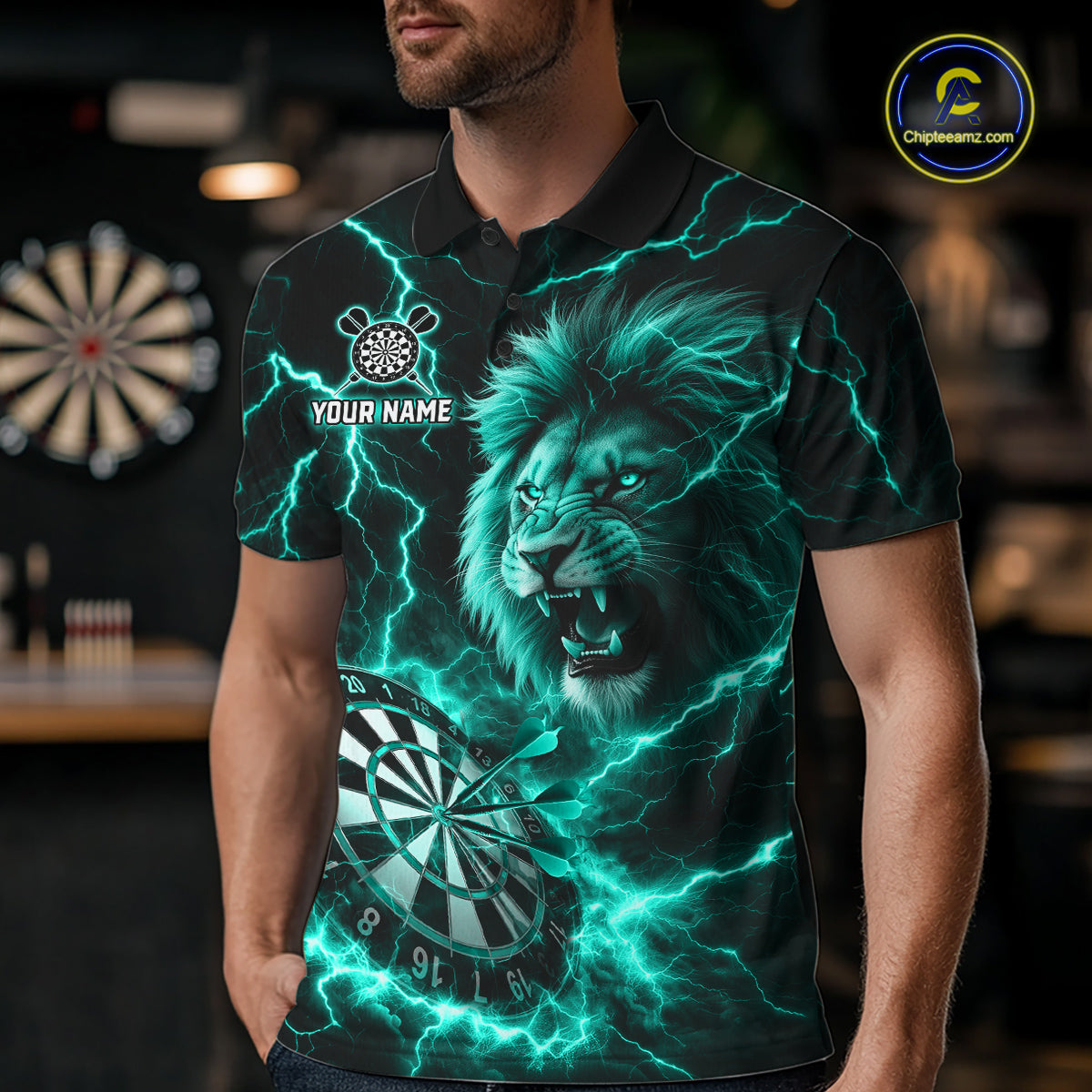 Custom Turquoise Dartboard Thunder Lightning Lion Darts Shirt For Men, Darts League Team Jersey TDM5816