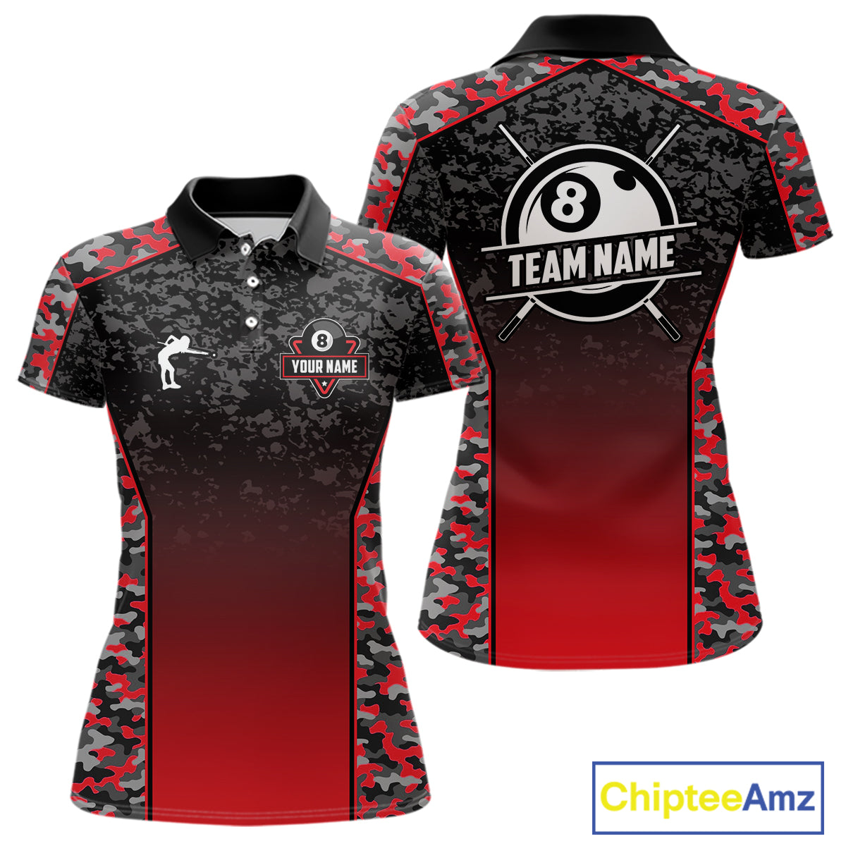 Red Camo 8 Ball Billiard Shirt For Women Custom Pool Team Shirt, Billiard Jersey Polo & 1/4 Zip TDM6200