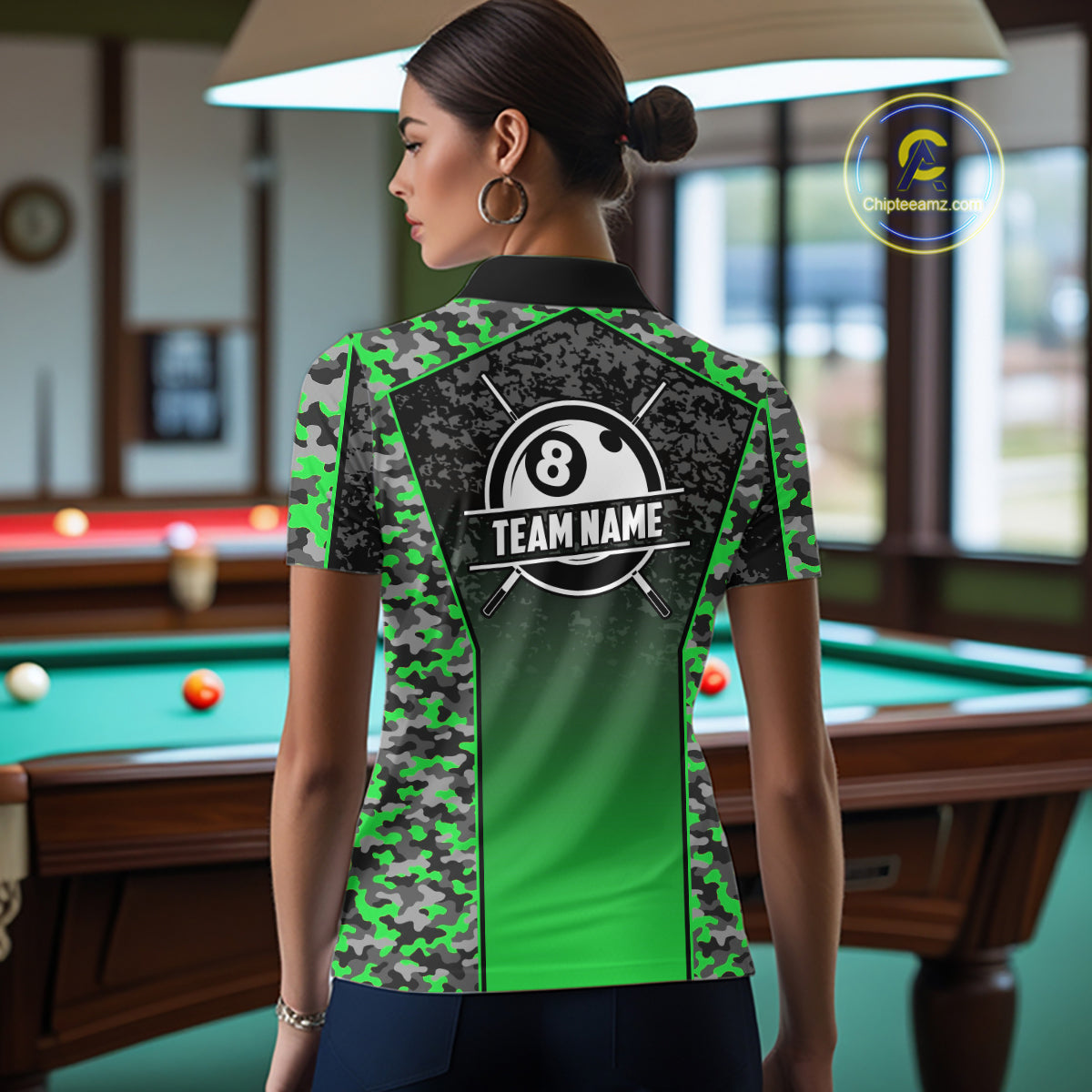 Green Camo 8 Ball Billiard Shirt For Women Custom Pool Team Shirt, Billiard Jersey Polo & 1/4 Zip TDM6201