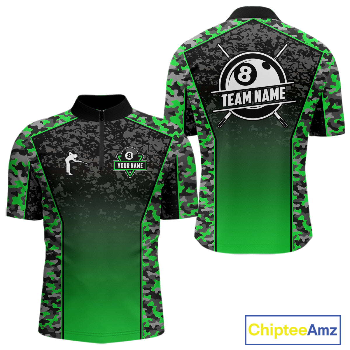 Green Camo 8 Ball Billiard Shirt For Men Custom Pool Team Shirt, Billiard Jersey Polo & 1/4 Zip TDM6201