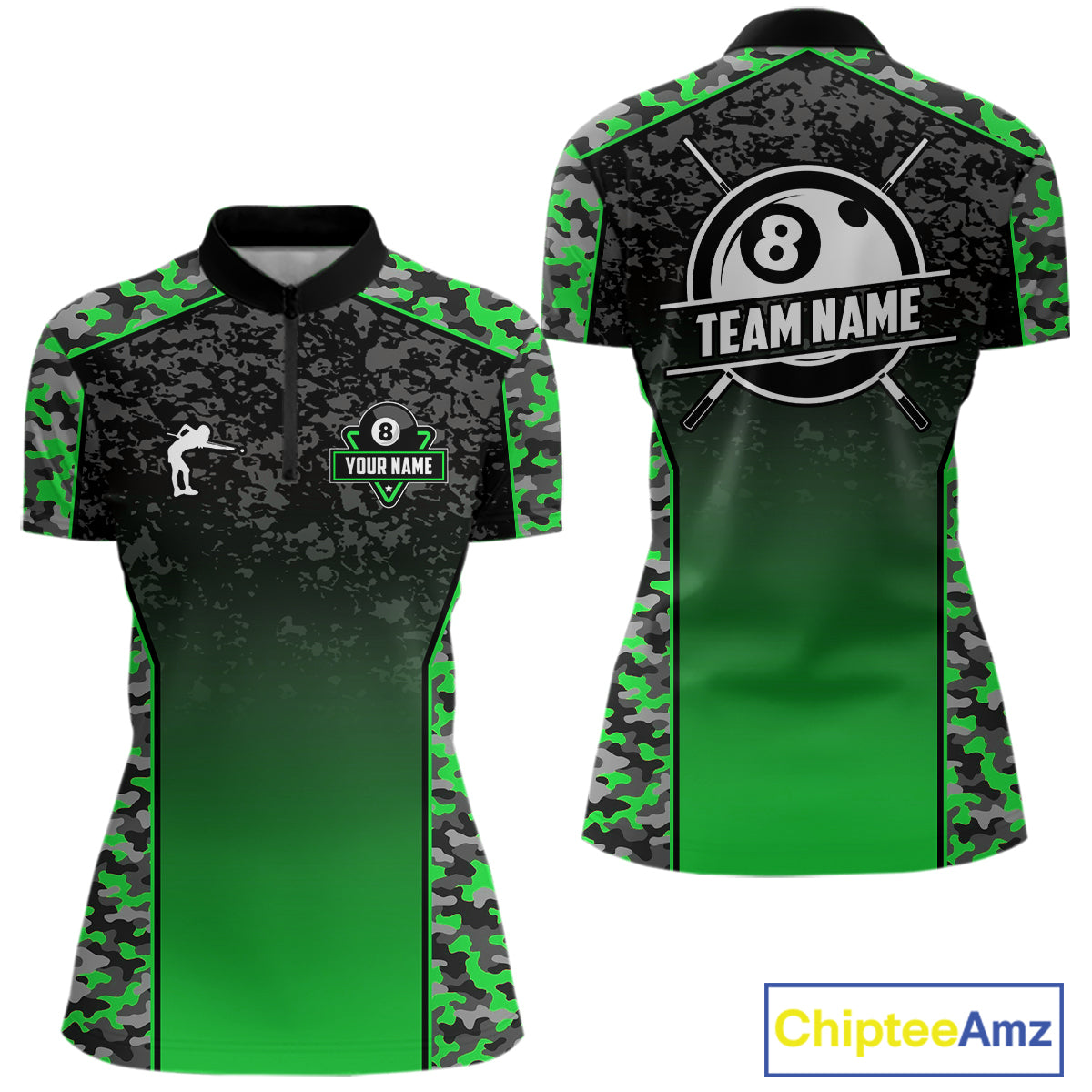Green Camo 8 Ball Billiard Shirt For Women Custom Pool Team Shirt, Billiard Jersey Polo & 1/4 Zip TDM6201
