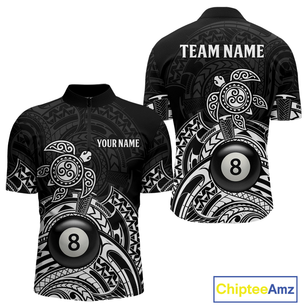 Custom White Black Tribal Turtle Billiard Shirts For Men | 8 Ball Pool Team Jerseys TDM4690