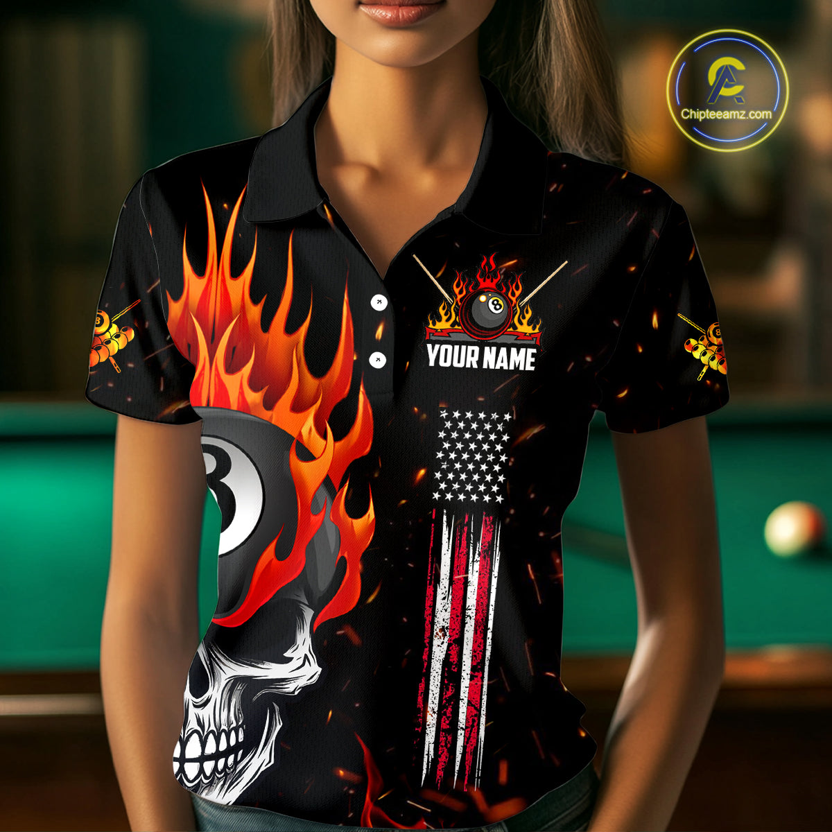 Personalized Fire Flame Skull American Flag Billiard Shirts For Women, 8 Ball Pool Billiard Jerseys TDM3340