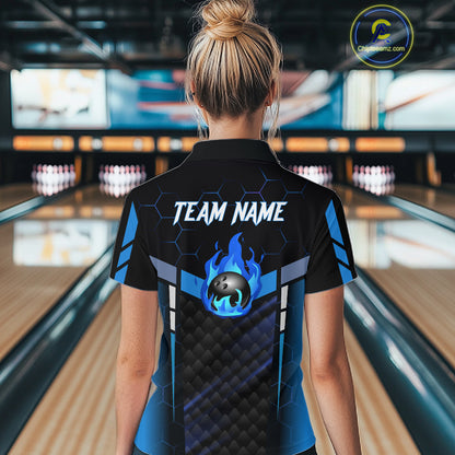 Black And Blue Bowling Jersey For Women Custom Flame Bowling Shirt Team Polo & Quarter Zip TDM5823