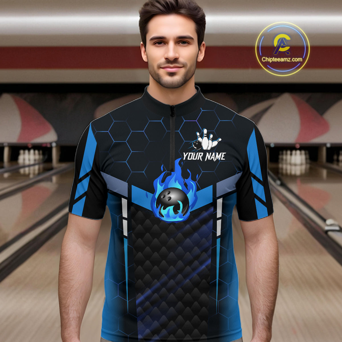 Black And Blue Bowling Jersey For Men Custom Flame Bowling Shirt Team Polo & Quarter Zip TDM5823