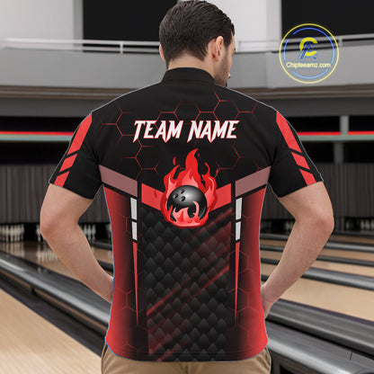 Black And Red Bowling Jersey For Men Custom Flame Bowling Shirt Team Polo & Quarter Zip TDM5824