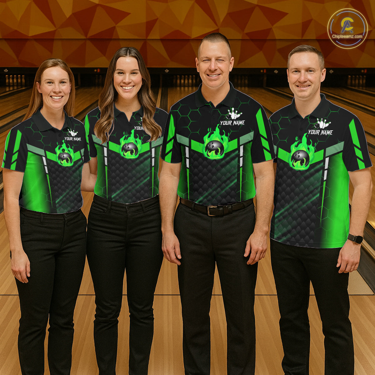 Black And Green Bowling Jersey For Men Custom Flame Bowling Shirt Team Polo & Quarter Zip TDM5825
