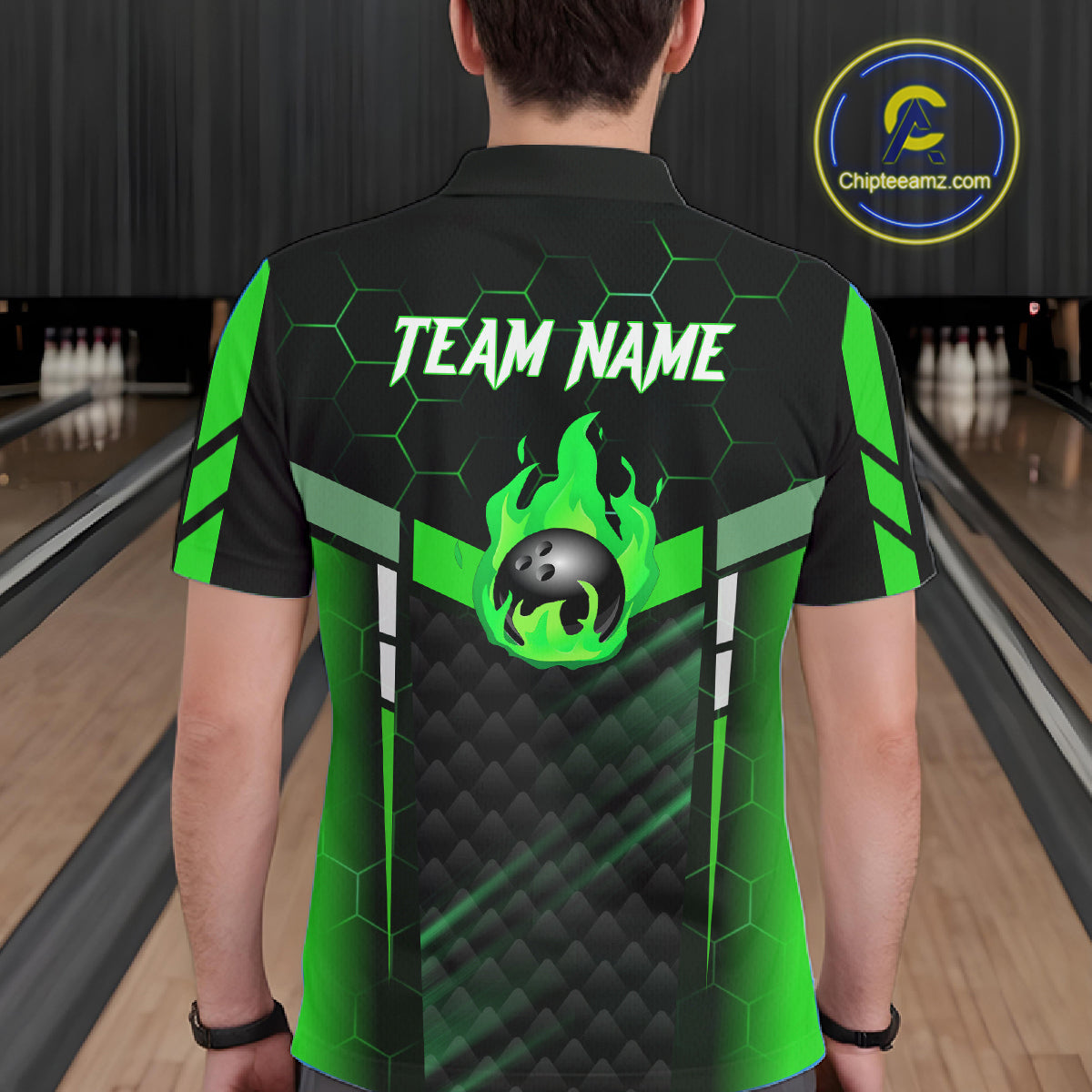 Black And Green Bowling Jersey For Men Custom Flame Bowling Shirt Team Polo & Quarter Zip TDM5825